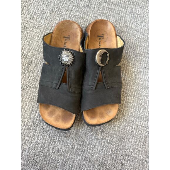 Think! Black leather Kirk sole sandal womens 10.5 - Picture 1 of 9